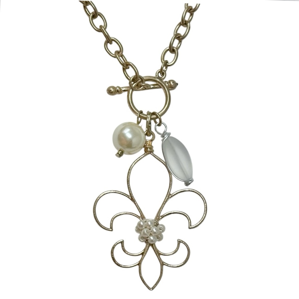 Fleur De Lis Gold Tone Outline Pendant Necklace